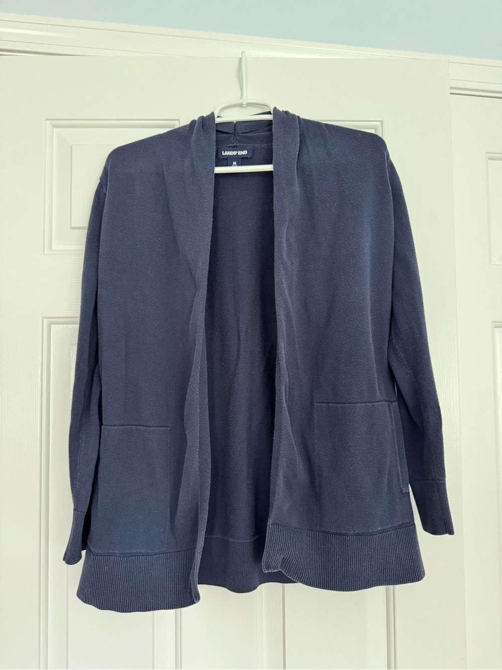 Lands' End size Medium Navy Open-Front Knit Cardigan with Patch Pockets